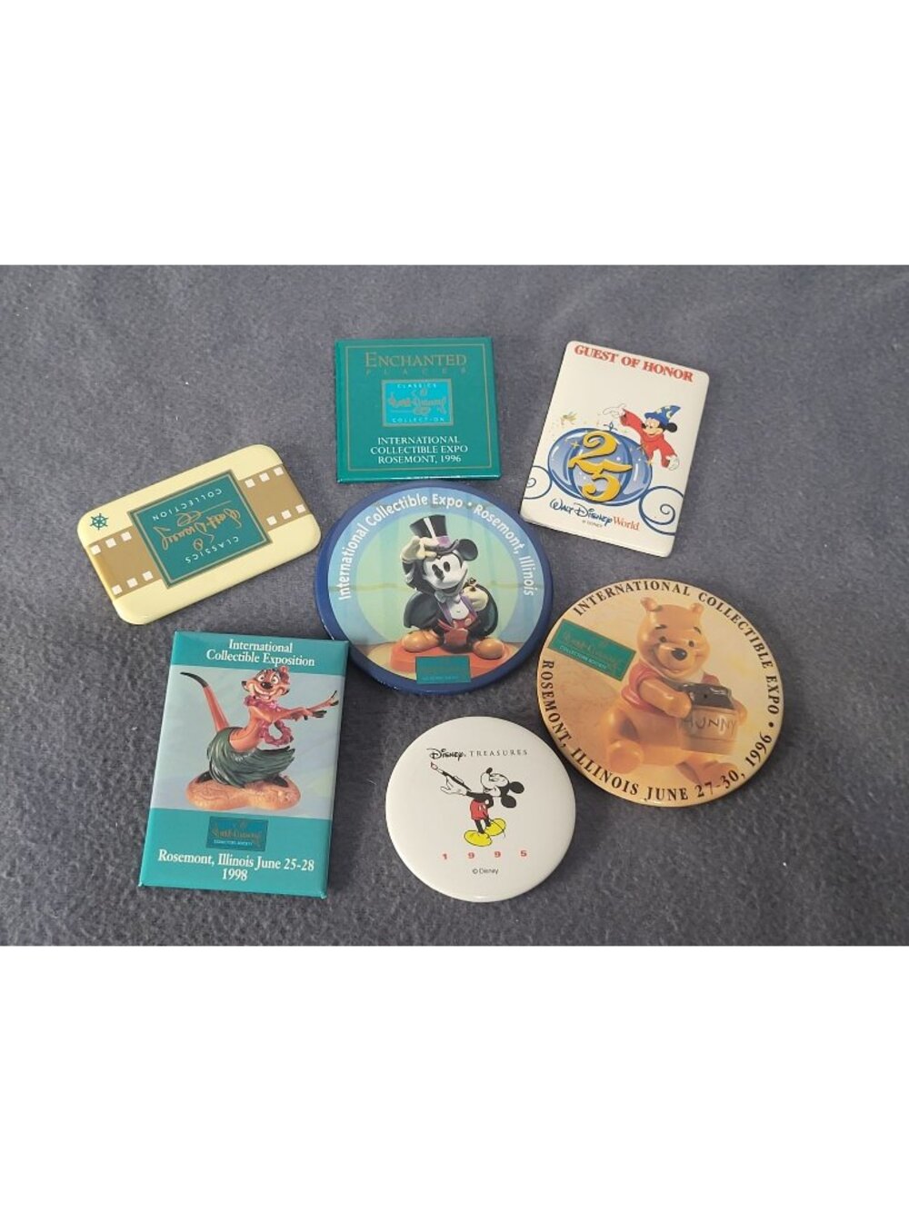 VTG Disney International Collectible Exp Lot of 7 Pins Buttons Mickey Pooh 25th